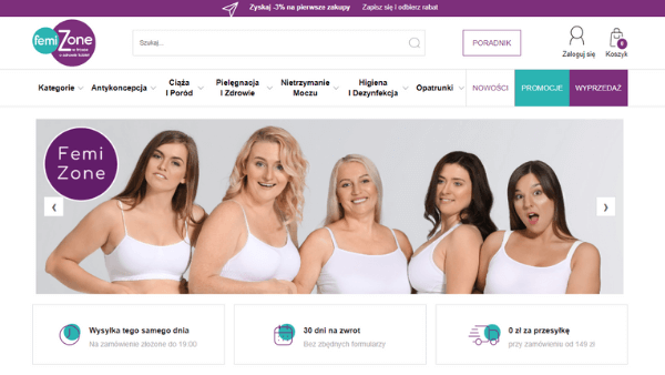 widok witryny sklepu FemiZone, w którym kobiety mogą kupić produkty, które polecił im fizjoterapeuta uroginekologiczny